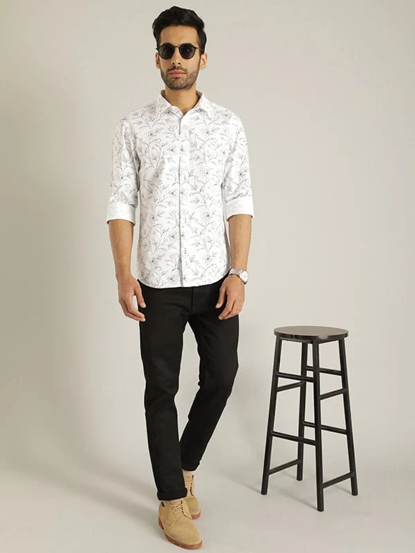 Indian Terrain Men Floral Print White Shirt